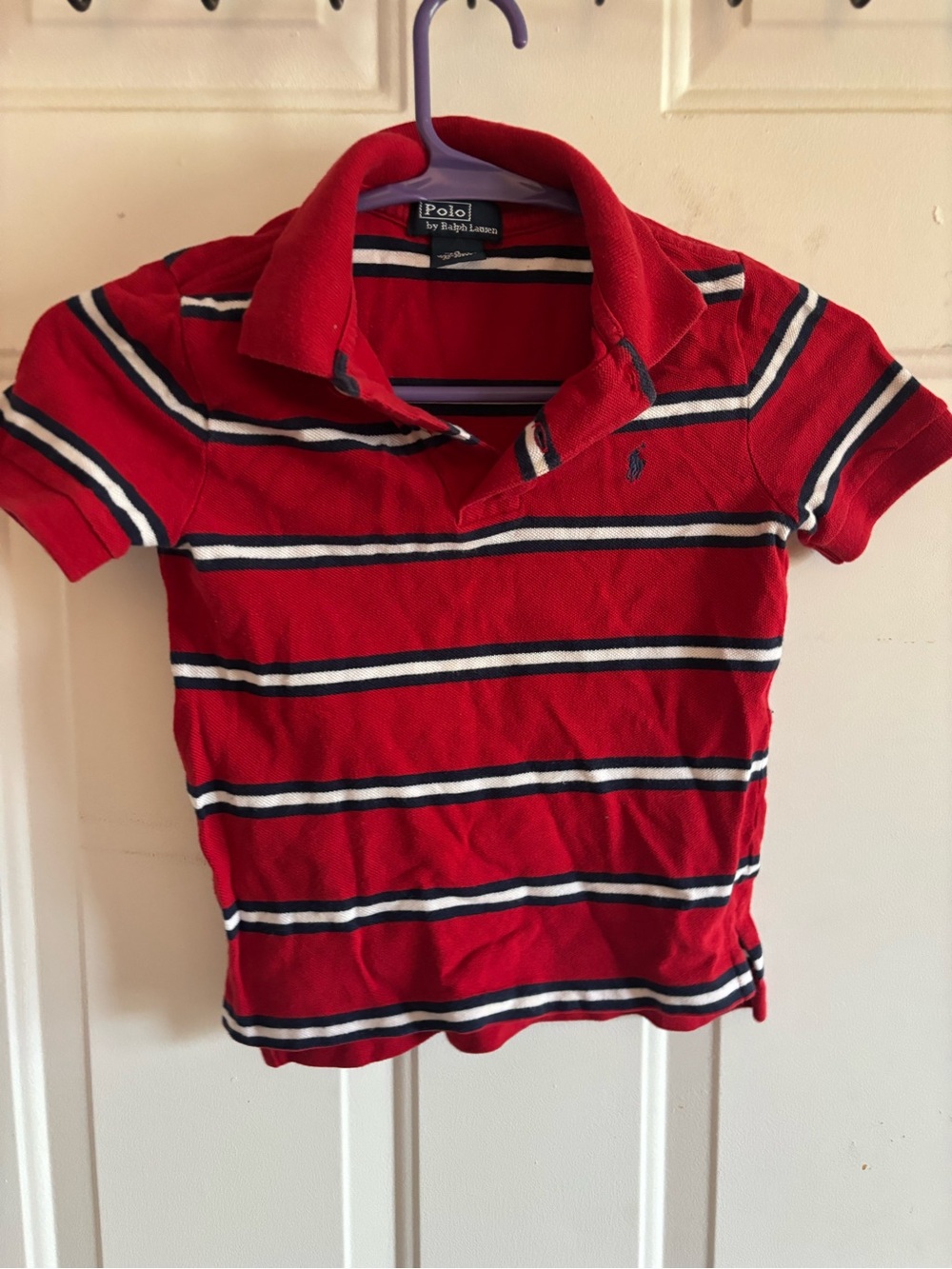 Boys Ralph Lauren Red Striped Polo Shirt with Navy & White Trim